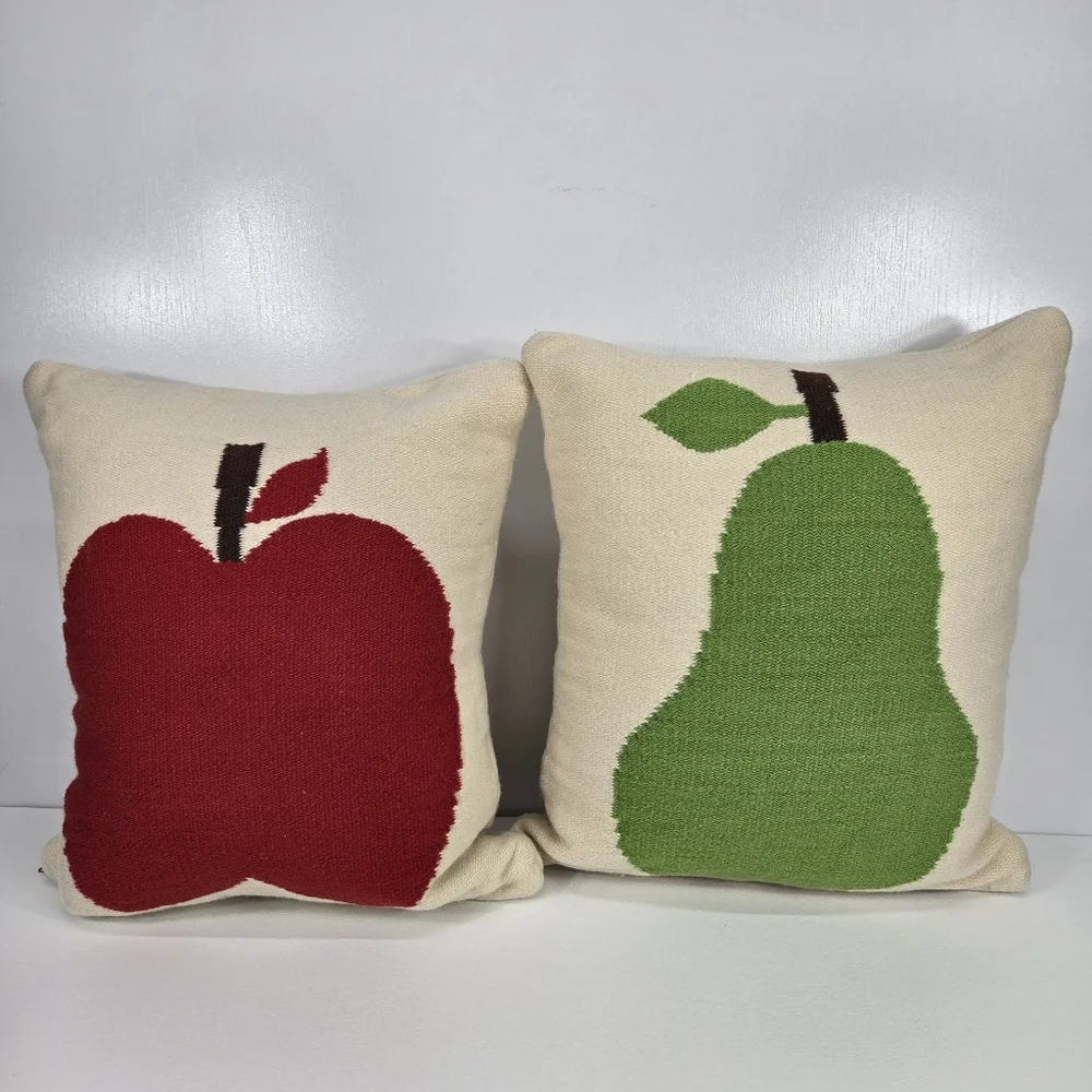 VTG Rare Jonathan Adler Intarsia Pear And Apple Throw Pillows Double Sided Fruit